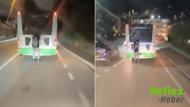 Bursa'da Patenli Genç Otobüsün Arkasına Tutunarak İ̇lerledi