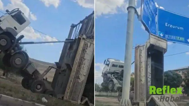 Erzurum’da başüstü levhaya çarpan kamyonun ön kısmı havaya kalktı
