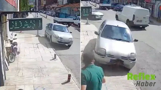 Çorum’da kontrolden çıkan otomobil kaldırımdaki demir dubalara çarptı