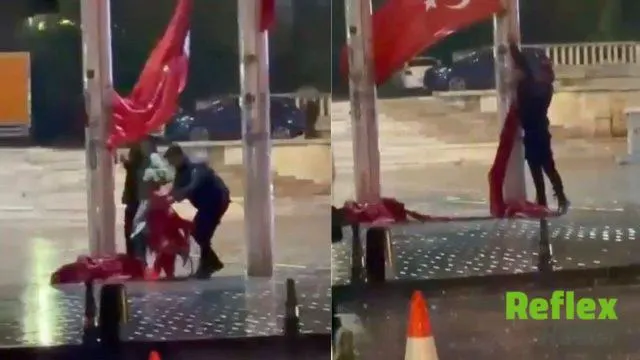 Fırtınada Yere Düşen Türk Bayrağı Taksim'de Polis Tarafından Kaldırıldı
