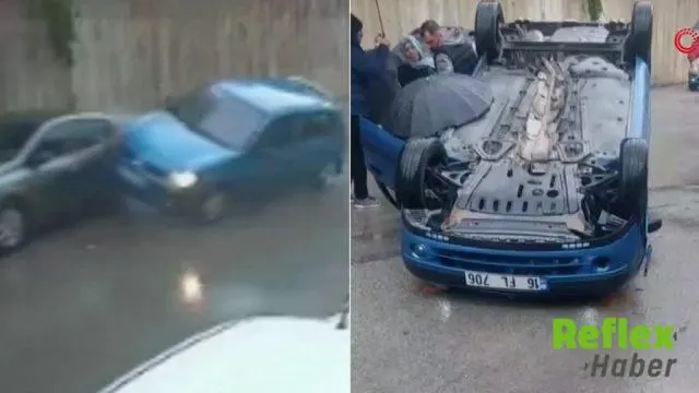 Bursa'da Otomobil Park Halindeki Araçlara Çarpıp Ters Döndü