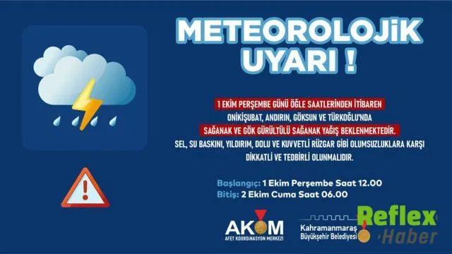 Kahramanmaraş’ta Dört İ̇lçeye Gök Gürültülü Sağanak Uyarısı