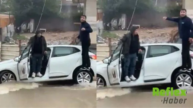 Sağanak Sonrası Çöken Yolda Otomobil Mahsur Kaldı
