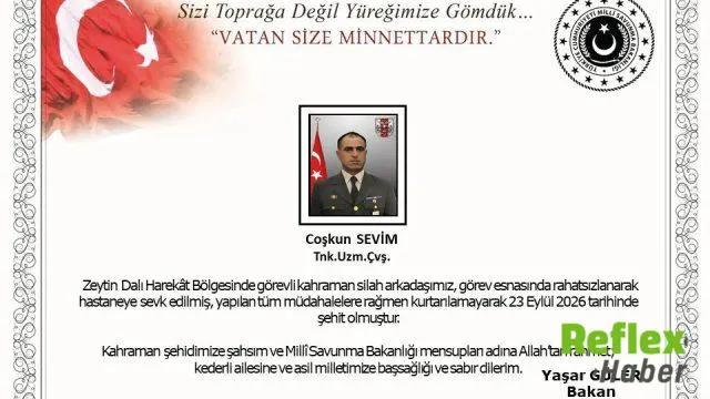 Zeytin Dalı Harekatı bölgesinden acı haber: Uzman Çavuş Coşkun Sevim şehit oldu